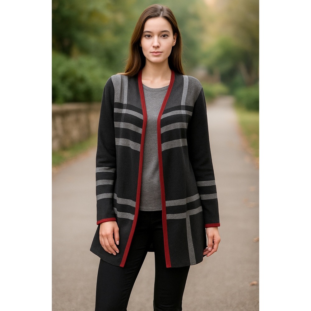 Black Label by Evan-Picone Open Long Cardigan Black/Gray/Red M (NWT)